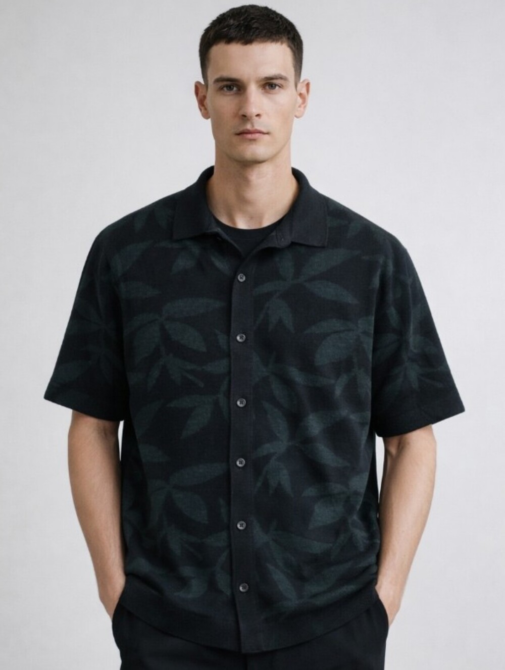 Vince Navy Blue Short Sleeve Button Down Shirt with Leaf Pattern